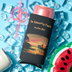 Vintage pond sunset pontoon escape green red seltzer can cooler