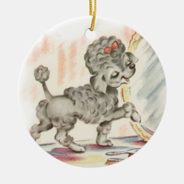 Vintage Poodle puppy in mirror Ceramic Tree Decoration (Front)