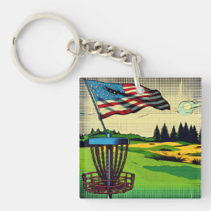 Vintage Pop Art American Flag Disc Golf   Key Ring