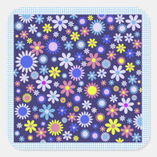Vintage Pop Art Style Daisies on Blue Gingham Square Sticker