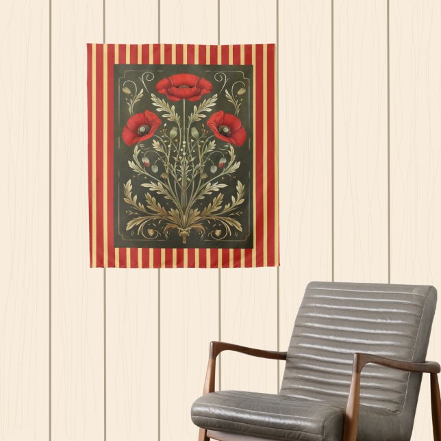 Vintage Poppies Art Nouveau Gold Red Striped Tapestry (Creator Uploaded)