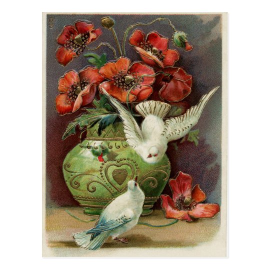 Vintage Poppies & Birds Postcard