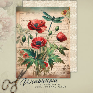 Vintage Poppies & Dragonfly Botanical Ephemera