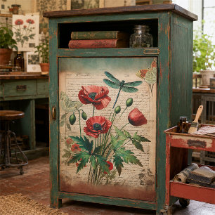 Vintage Poppies & Dragonfly Botanical Ephemera Tissue Paper