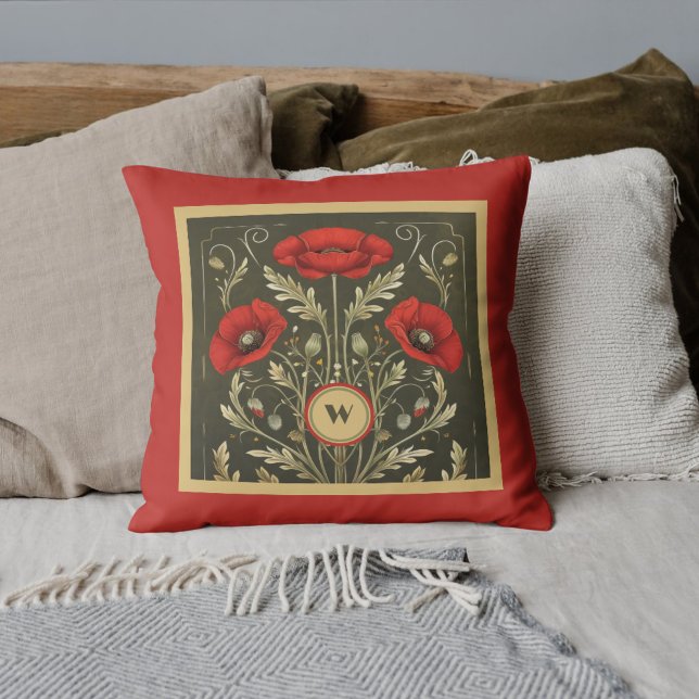 Vintage Poppies Gold Red Art Nouveau Monogram Cushion (Creator Uploaded)