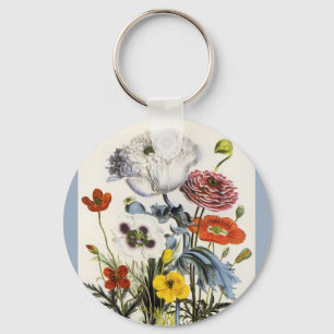 Vintage Poppies in the Garden, Victorian Flowers Key Ring
