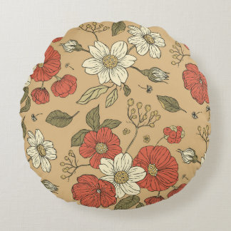 Vintage poppy and daisy flower seamless garden pat round cushion
