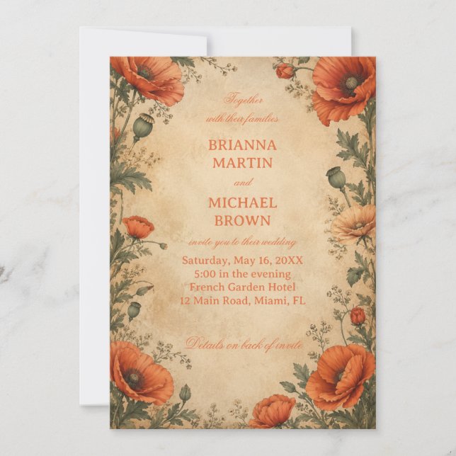 Vintage Poppy Botanical Invitation (Front)