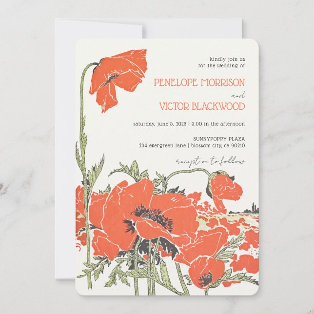Vintage Poppy Field Letterpress Style Wedding Invitation (Front)