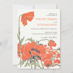 Vintage Poppy Field Letterpress Style Wedding Invitation