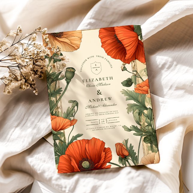 Vintage Poppy Floral Art Nouveau Wedding Invitation (Creator Uploaded)
