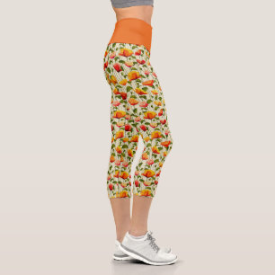 Vintage Poppy Flower Pattern Orange Yoga Exercise Capri Leggings