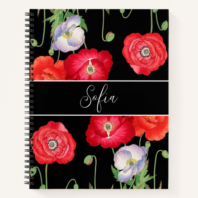 Vintage poppy flowers Monogrammed Floral Romantic Notebook (Front)