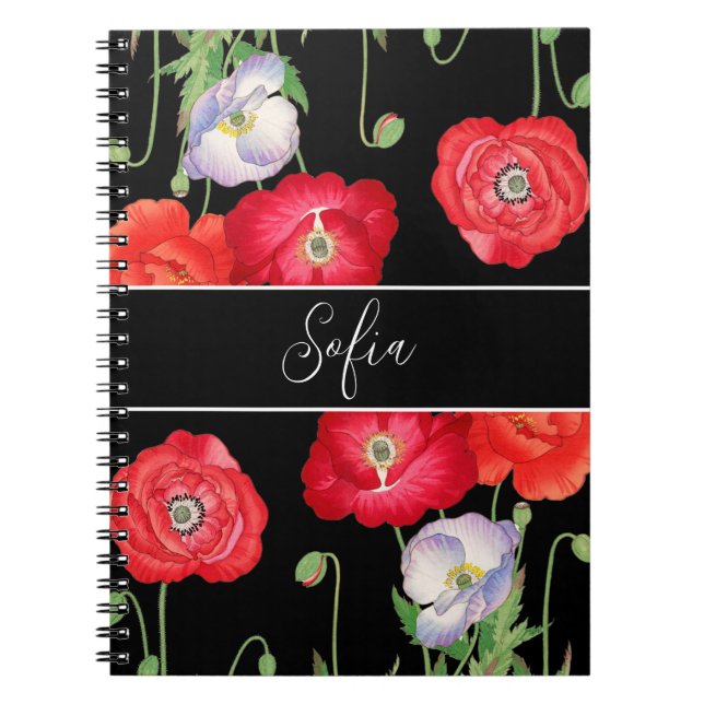 Vintage poppy flowers Monogrammed Floral Romantic Notebook (Front)