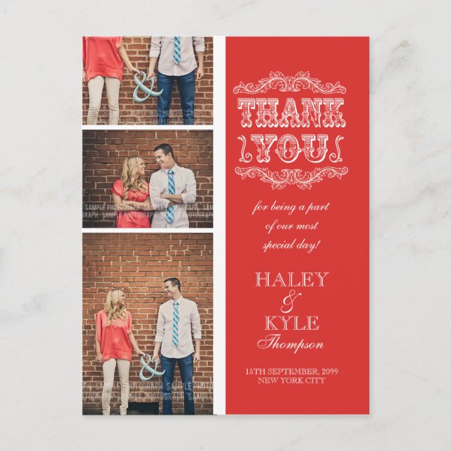 VINTAGE Poppy Red Photo Wedding Thank You Postcard (Front)