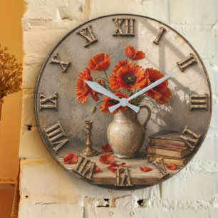 Vintage Poppy Rustic Farmhouse Floral Decor Large Clock