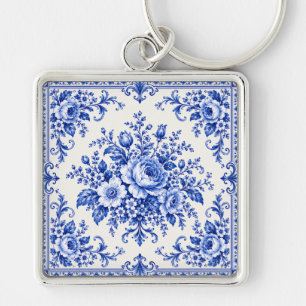 Vintage Porcelain Elegance Blue Floral Key Ring