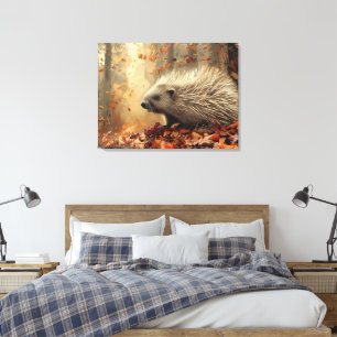 Vintage Porcupine in Autumn Leaves 32x24 Canvas Print