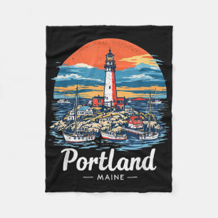 Vintage Portland Maine Sunset Skyline Coastal City Fleece Blanket