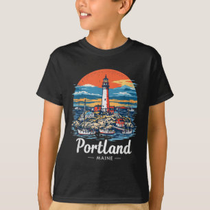 Vintage Portland Maine Sunset Skyline Coastal City T-Shirt
