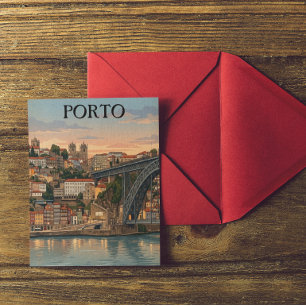 Vintage Porto Portugal City Illustration Travel Postcard