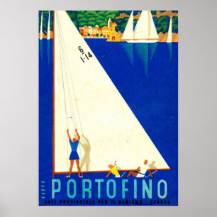 Vintage Portofino Blue Sea White Sailboats Tourism Poster