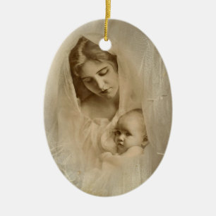 Vintage Portrait, Loving Mother Holding Baby Child Ceramic Tree Decoration
