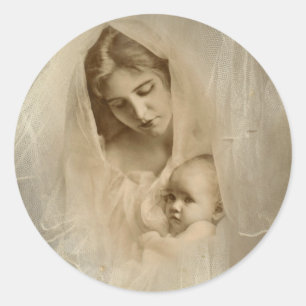 Vintage Portrait, Loving Mother Holding Baby Child Classic Round Sticker