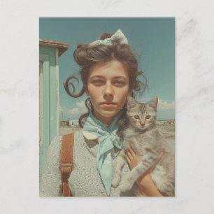 Vintage Portrait of Girl Holding Kitten Postcard