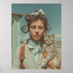 Vintage Portrait of Girl Holding Kitten Poster