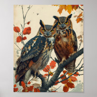 Vintage Portrait of two Owls