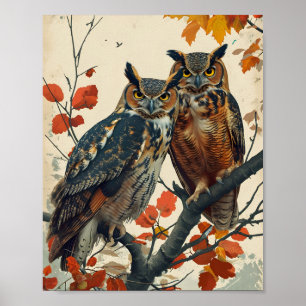 Vintage Portrait of two Owls Poster