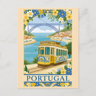 Vintage Portugal Coast Yellow Tram Retro Travel Postcard