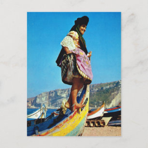 Vintage Portugal,  Nazare, girl on a fishing boat Postcard