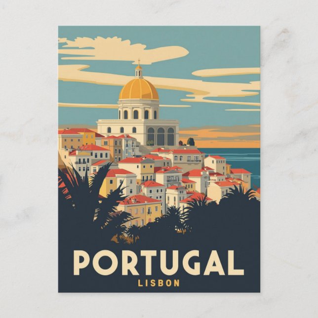Vintage Portugal Travel Poster - Lisbon Cityscape Postcard (Front)