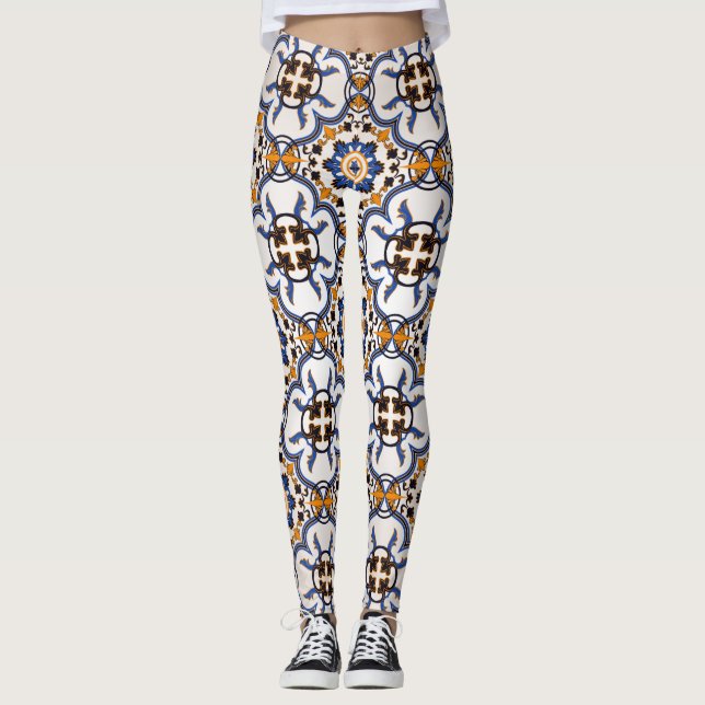 Vintage Portuguese Azulejo Blue Yellow Pattern Leggings (Front)