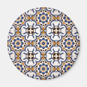 Vintage Portuguese Azulejo Blue Yellow Pattern Magnet