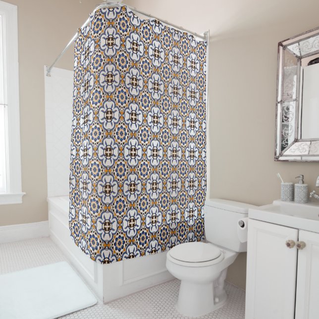 Vintage Portuguese Azulejo Blue Yellow Pattern Shower Curtain (In Situ)