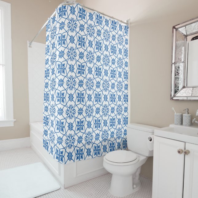 Vintage Portuguese Azulejo Tile Pattern Shower Curtain (In Situ)