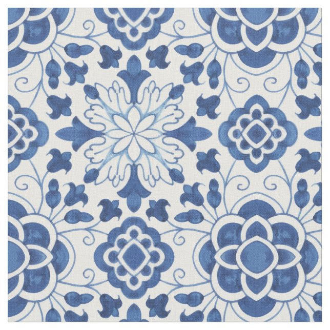 Vintage Portuguese Blue Azulejos Tile Pattern Fabric (Close Up)