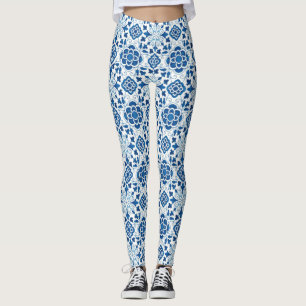 Vintage Portuguese Blue Azulejos Tile Pattern Leggings