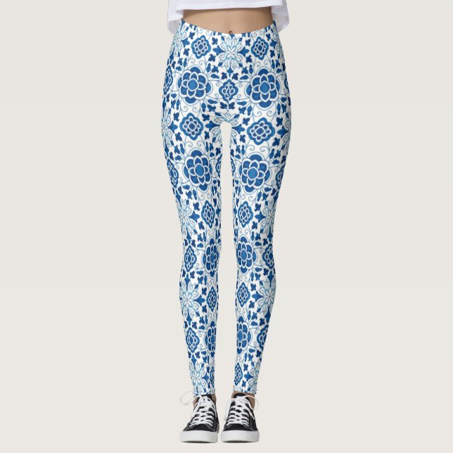 Vintage Portuguese Blue Azulejos Tile Pattern Leggings (Front)