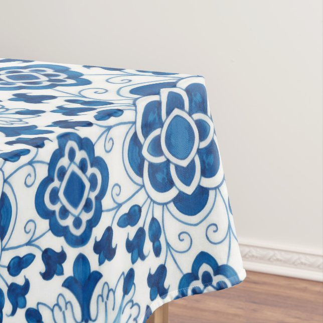 Vintage Portuguese Blue Azulejos Tile Pattern Tablecloth (In Situ)