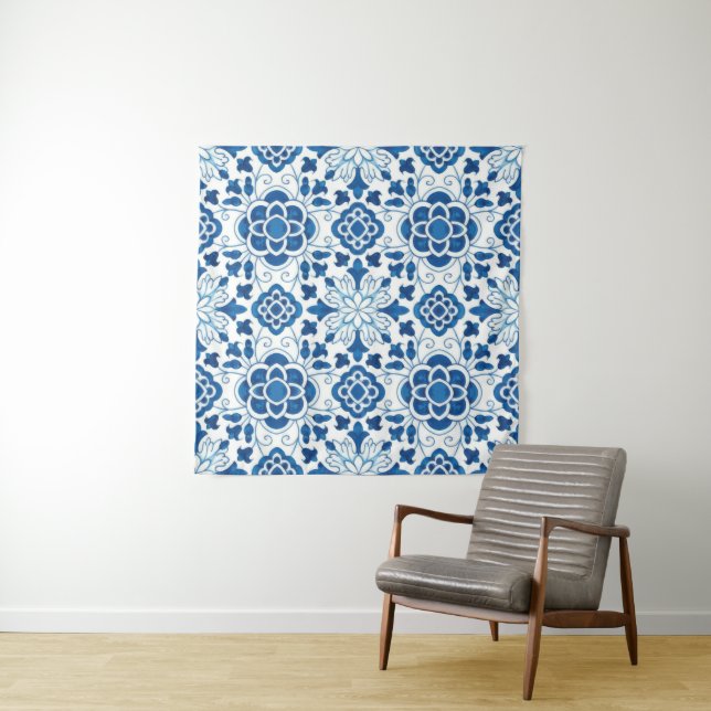 Vintage Portuguese Blue Azulejos Tile Pattern Tapestry (In Situ)