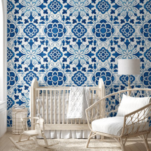 Vintage Portuguese Blue Azulejos Tile Pattern Wallpaper