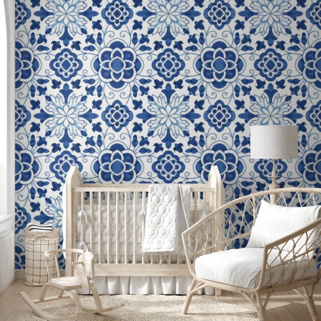 Vintage Portuguese Blue Azulejos Tile Pattern Wallpaper (Kids)