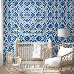 Vintage Portuguese Blue Azulejos Tile Pattern Wallpaper