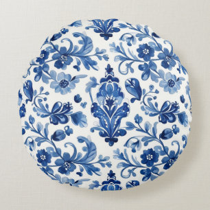 Vintage Portuguese Blue Floral Tile Round Cushion