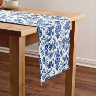 Vintage Portuguese Blue Floral Tile Short Table Runner