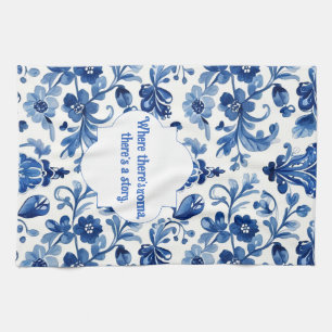 Vintage Portuguese Blue Floral Tile Tea Towel